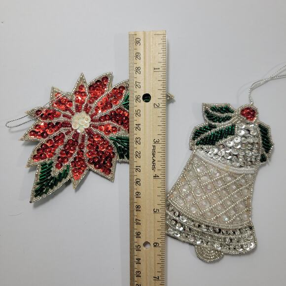 Sequin Poinsettia and Silver Bell Fabric Christmas Ornament - Picture 2 of 3